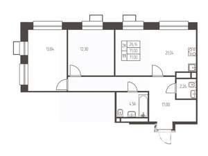 2-к квартира, строящийся дом, 71м2, 23/25 этаж