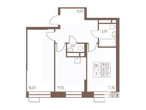 2-к квартира, строящийся дом, 59м2, 6/24 этаж