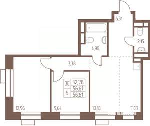 3-к квартира, строящийся дом, 57м2, 12/24 этаж