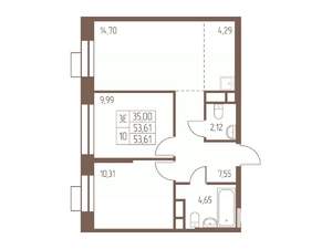 3-к квартира, строящийся дом, 54м2, 24/24 этаж