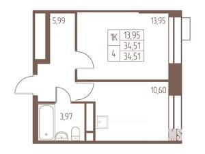 1-к квартира, строящийся дом, 35м2, 15/24 этаж