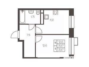 1-к квартира, строящийся дом, 36м2, 15/20 этаж