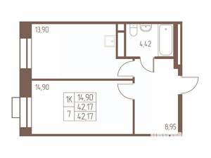 1-к квартира, строящийся дом, 42м2, 17/24 этаж