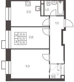 2-к квартира, строящийся дом, 56м2, 6/20 этаж