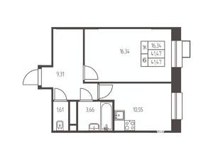 1-к квартира, строящийся дом, 42м2, 13/25 этаж