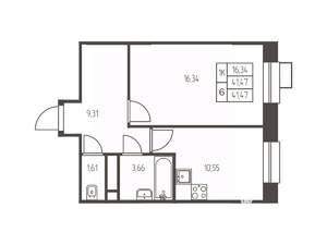 1-к квартира, строящийся дом, 42м2, 9/25 этаж