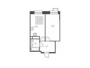 1-к квартира, строящийся дом, 39м2, 22/25 этаж