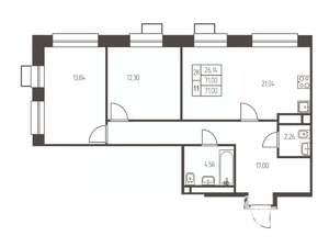 2-к квартира, строящийся дом, 71м2, 17/25 этаж