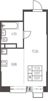 Студия квартира, строящийся дом, 31м2, 17/25 этаж