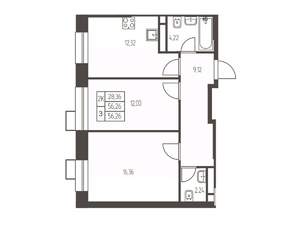 2-к квартира, строящийся дом, 56м2, 15/20 этаж