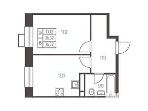 1-к квартира, строящийся дом, 36м2, 5/12 этаж