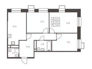 3-к квартира, строящийся дом, 76м2, 13/25 этаж