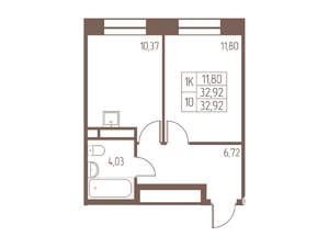 1-к квартира, строящийся дом, 33м2, 11/16 этаж