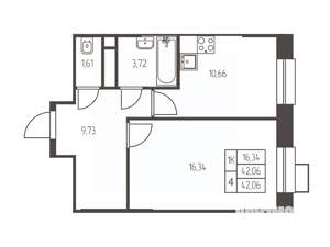 1-к квартира, строящийся дом, 42м2, 25/25 этаж