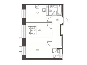 2-к квартира, строящийся дом, 56м2, 14/20 этаж