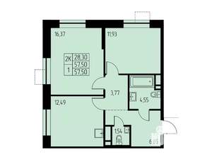 2-к квартира, строящийся дом, 58м2, 13/23 этаж