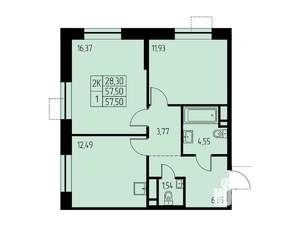 2-к квартира, строящийся дом, 58м2, 12/23 этаж