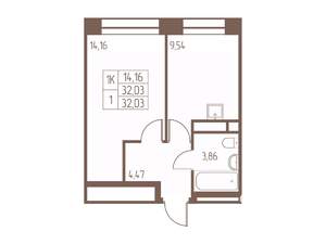 1-к квартира, строящийся дом, 32м2, 23/24 этаж