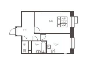 1-к квартира, строящийся дом, 42м2, 16/25 этаж