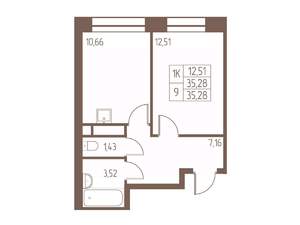 1-к квартира, строящийся дом, 35м2, 23/24 этаж