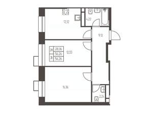 2-к квартира, строящийся дом, 56м2, 14/20 этаж