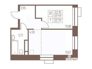 2-к квартира, строящийся дом, 38м2, 24/24 этаж