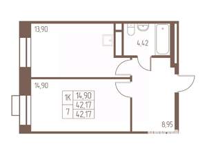 1-к квартира, строящийся дом, 42м2, 20/24 этаж
