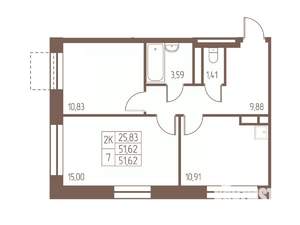 2-к квартира, строящийся дом, 52м2, 9/16 этаж