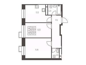 2-к квартира, строящийся дом, 56м2, 17/20 этаж