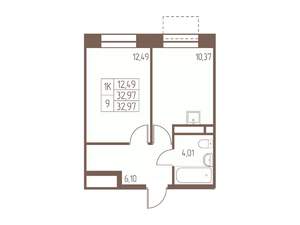 1-к квартира, строящийся дом, 33м2, 12/16 этаж