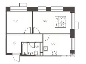2-к квартира, строящийся дом, 47м2, 20/20 этаж