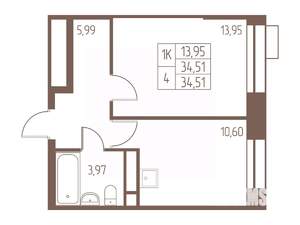 1-к квартира, строящийся дом, 35м2, 18/24 этаж