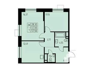 2-к квартира, строящийся дом, 58м2, 4/23 этаж
