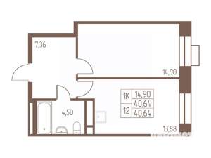 1-к квартира, строящийся дом, 41м2, 10/24 этаж