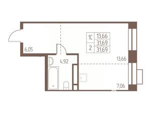 Студия квартира, строящийся дом, 32м2, 13/24 этаж