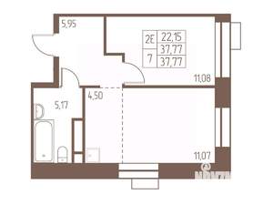 2-к квартира, строящийся дом, 38м2, 21/24 этаж