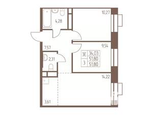3-к квартира, строящийся дом, 52м2, 12/24 этаж