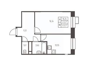 1-к квартира, строящийся дом, 42м2, 25/25 этаж