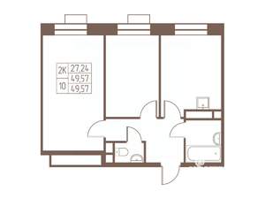 2-к квартира, строящийся дом, 50м2, 17/24 этаж