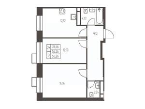 2-к квартира, строящийся дом, 56м2, 5/20 этаж