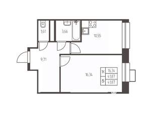 1-к квартира, строящийся дом, 42м2, 21/25 этаж