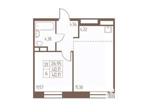 2-к квартира, строящийся дом, 40м2, 13/16 этаж