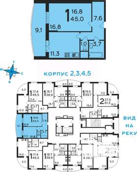 1-к квартира, вторичка, 46м2, 4/17 этаж