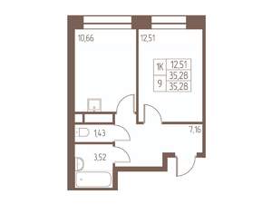 1-к квартира, строящийся дом, 35м2, 19/24 этаж