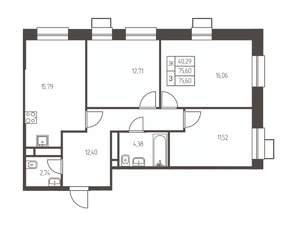 3-к квартира, строящийся дом, 76м2, 22/25 этаж