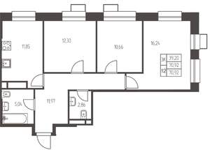 3-к квартира, строящийся дом, 71м2, 3/25 этаж