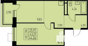 2-к квартира, строящийся дом, 45м2, 18/23 этаж