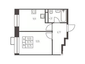 1-к квартира, строящийся дом, 36м2, 13/20 этаж