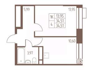 1-к квартира, строящийся дом, 35м2, 20/24 этаж