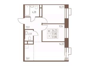 3-к квартира, строящийся дом, 52м2, 24/24 этаж